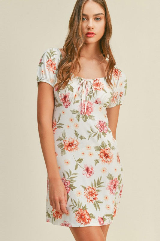 Floral Print Short Puff Sleeve Mini Dress Tie Front
