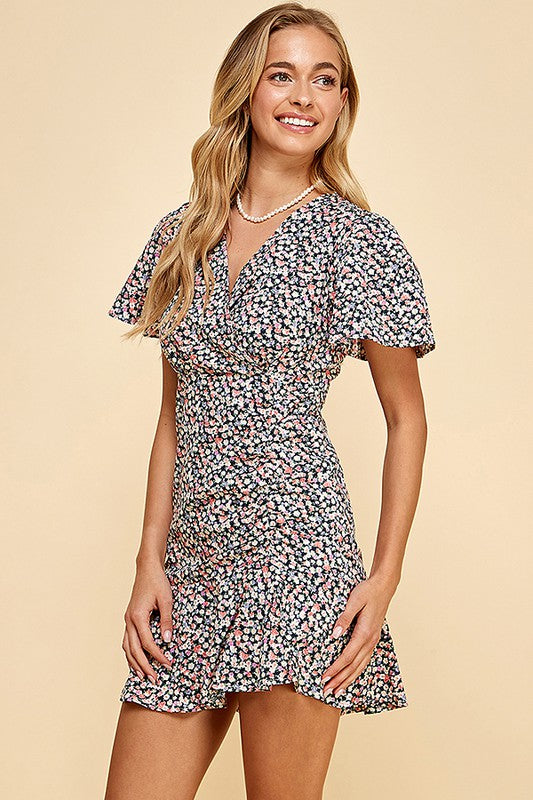 Floral V-neck Ruffle Mini Wrap Dress