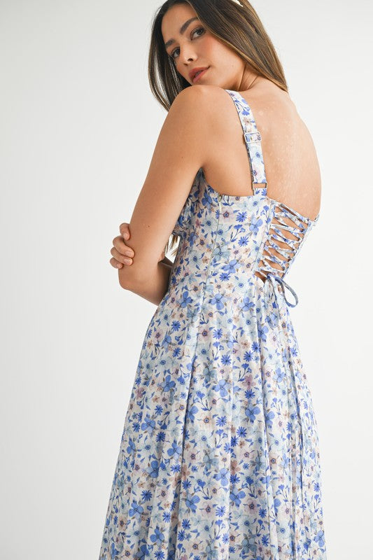 FLORAL PRINT BUSTIER BACK LACE UP MIDI DRESS