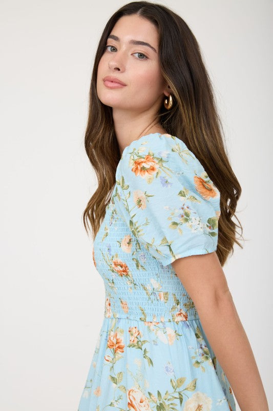 Floral Smocked Puff Sleeve A-line Midi Dress