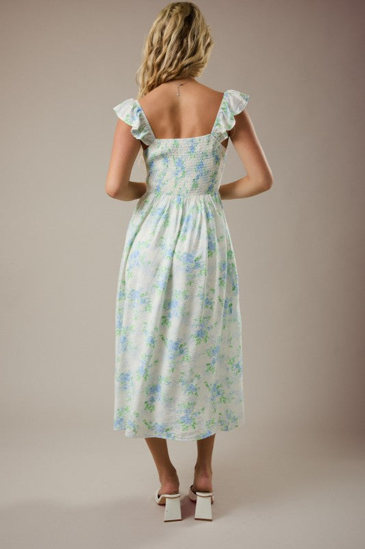 Short Flutter Sleeve Midi Dress With Floral Print