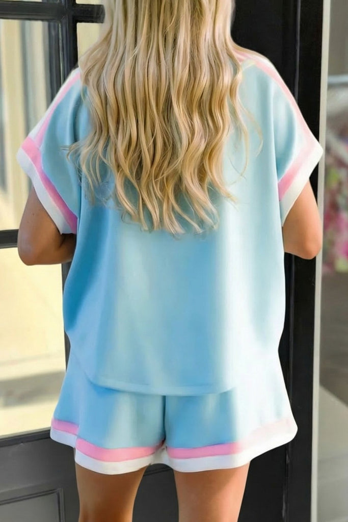 Striped Trim Casual Tee Drawstring Shorts 2pcs Set