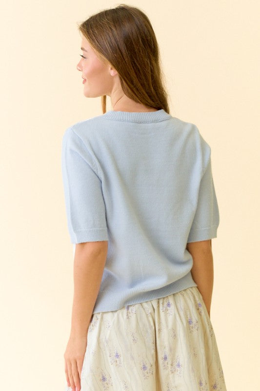 Pearl Bow Button Short Sleeve Cardigan