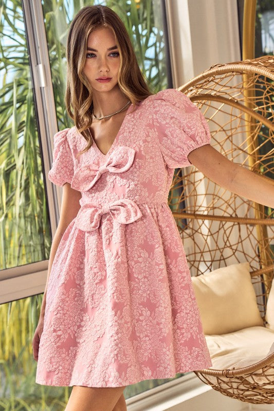 Jacquard Puff Sleeve Mini Dress Double Bow Detail
