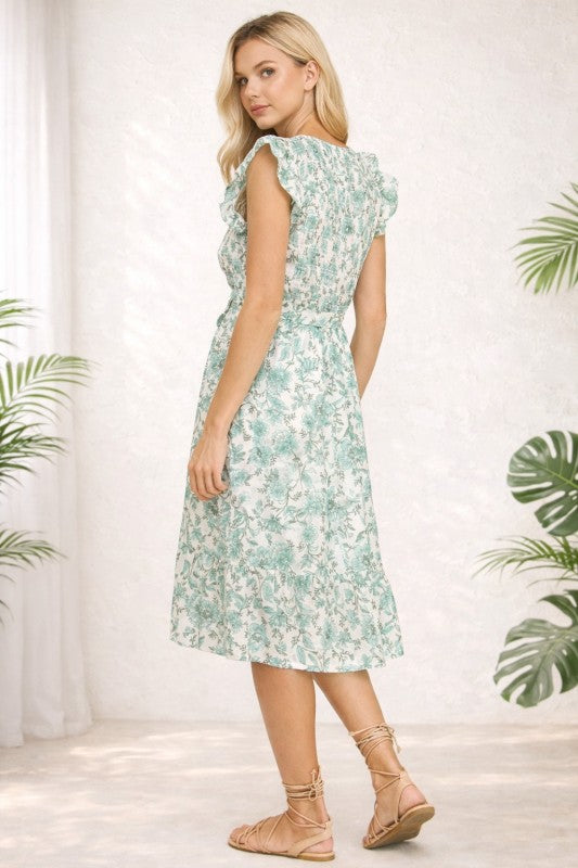 Smocked Flutter Sleeve Floral Midi Dress