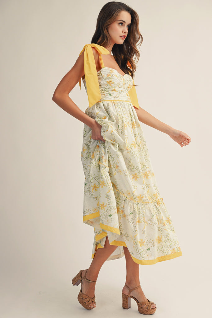 Cottage Garden Yellow Trim Tiered Dress