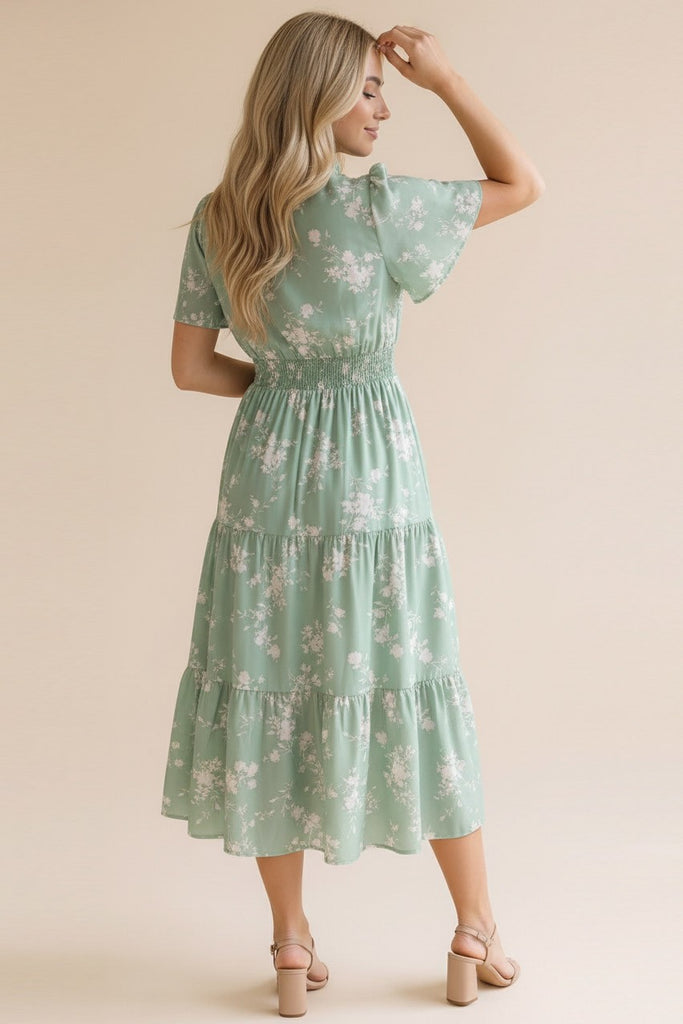 Frilled Notch Neck Smocked Waist Floral Dress