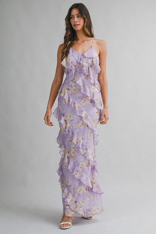 Floral Print Asymmetrical Tiered Ruffled Maxi Dress