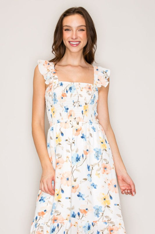 Smocked Print Maxi Dress