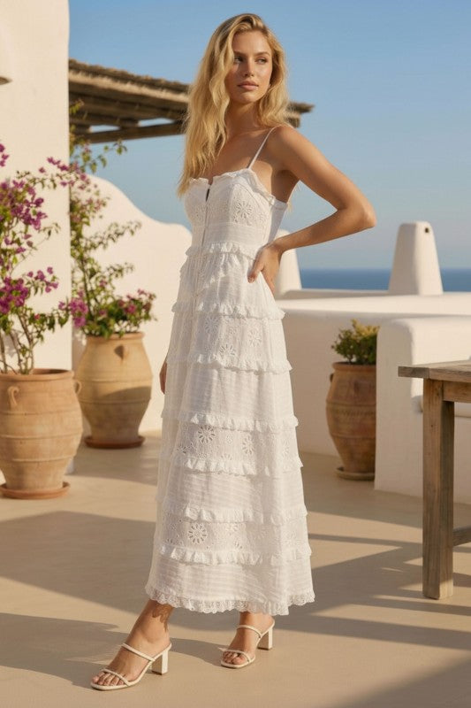 Tiered Eyelet Midi Dress With Lace Trim And Button Front