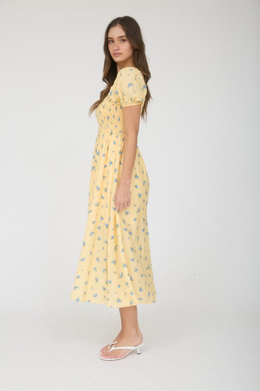 Smocked Puff Sleeve Floral Midi Dress