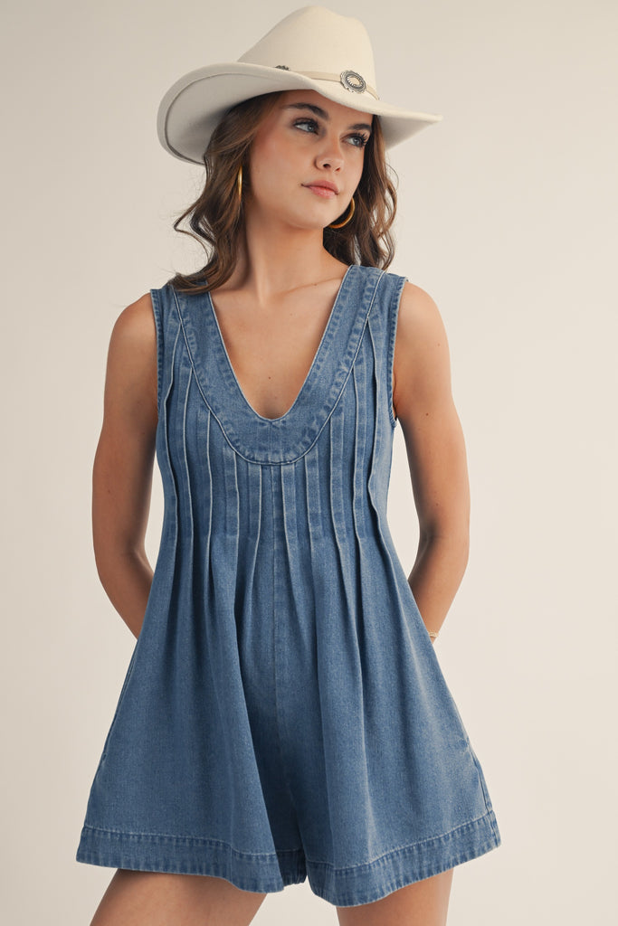 Vintage Pleat Cascade V Neck Romper