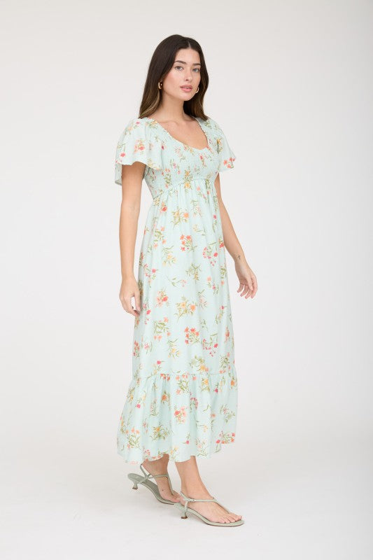 Floral Bell Sleeve Smocked Bust Midi Dress
