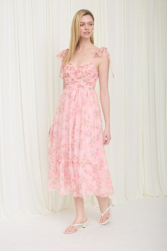 Floral Shirred Bodice Sleeveless Midi Dress