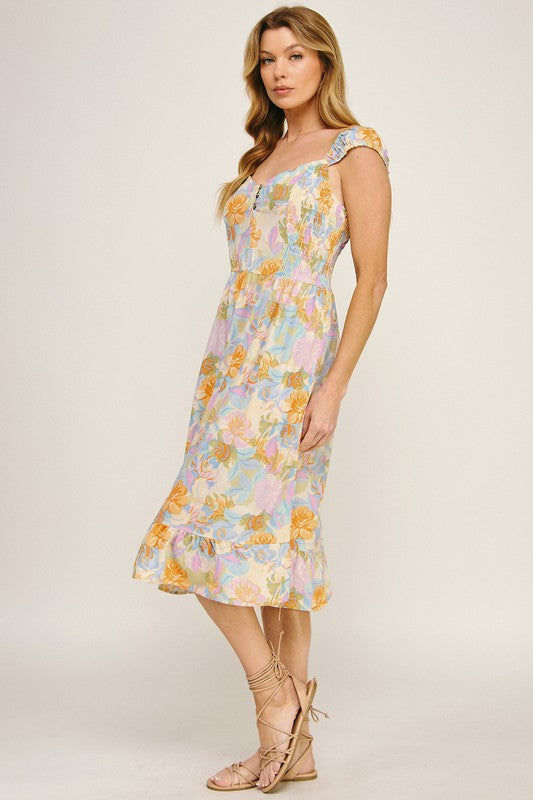 Airy Charm Printed Midi Dress With Elastic Sleeves