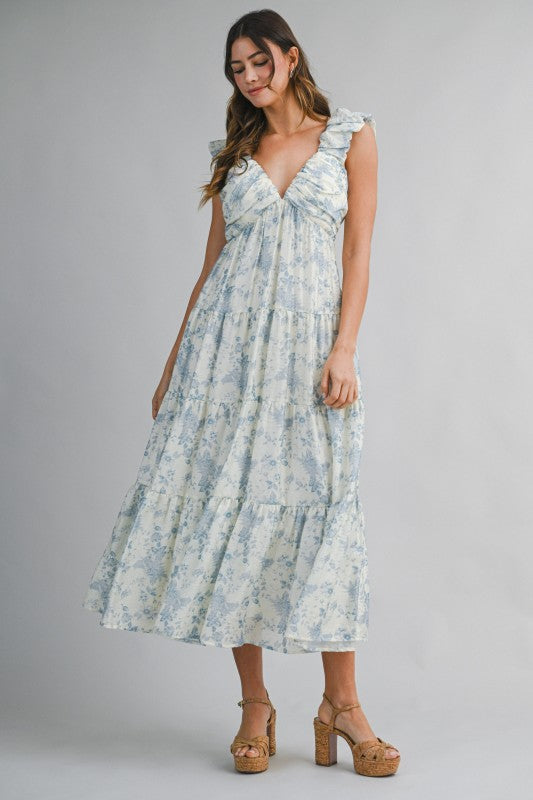 Floral Print Ruched Pleated Detail Midi Dress