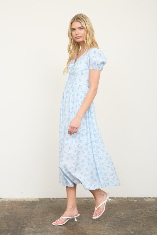 Floral Puff Sleeve V Neck Corset Detail Midi Dress
