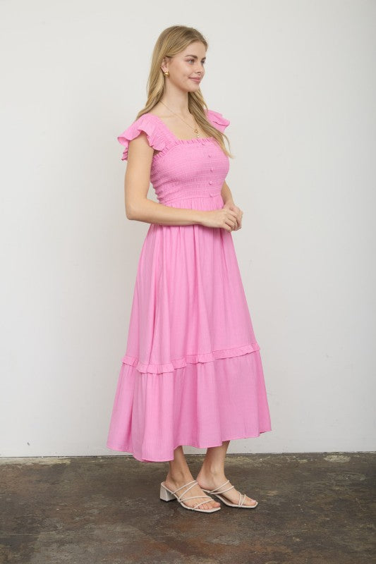 Mock Button Down Smocked Ruffle Detail Midi Dress