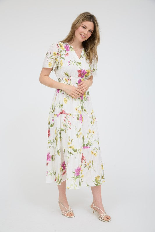 Multicolor Floral Short Sleeve Tiered Midi Dress