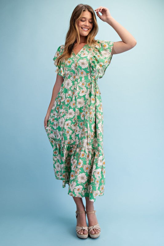 Vibrant Floral Print V-neck Midi Dress