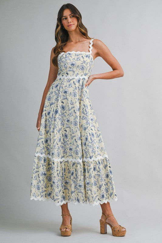 Floral Printed Ric-rac Trim Smocked Back Midi Dress
