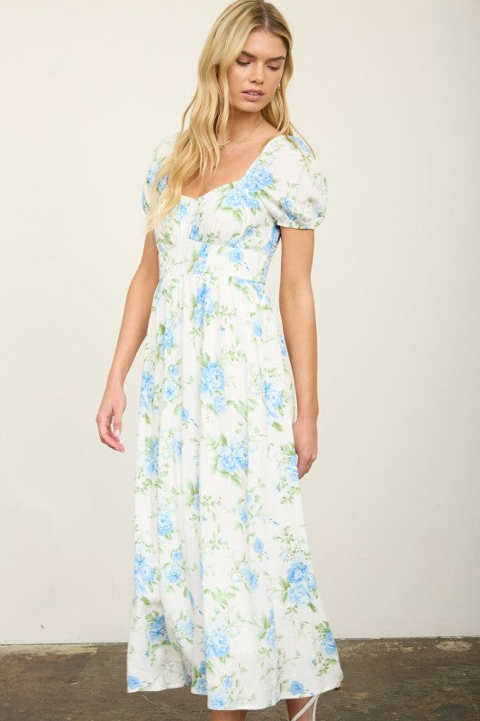 Floral Ruched Bust Puff Sleeve Midi Dress