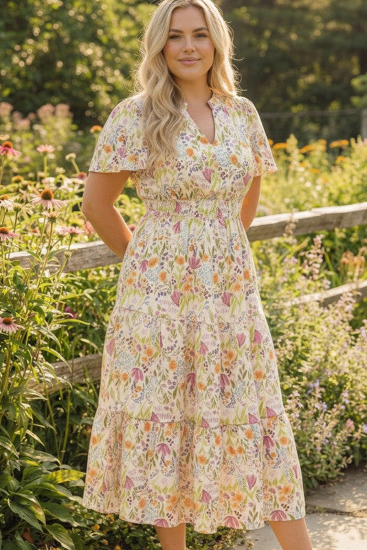 Plus Notch Neck Smocked Waist Tiered Floral Dress