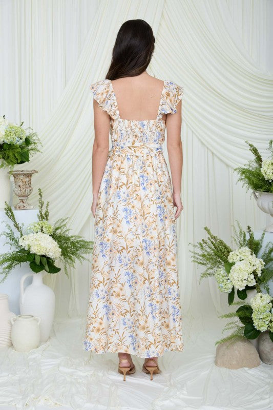 Floral Waist Tie Front Slit Sleeveless Midi Dress