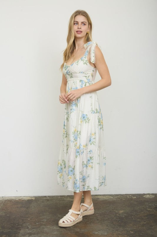 Floral Tie Strap With Scallop Lace Trim Midi Dress