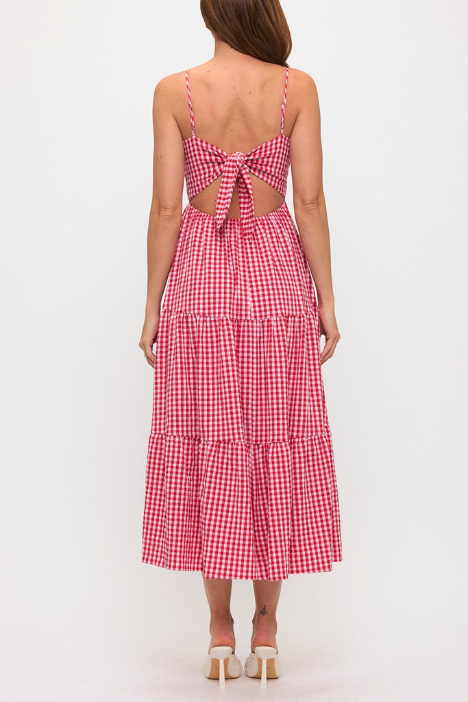 Gingham Bow Bust Tie Back Tiered Maxi Dress