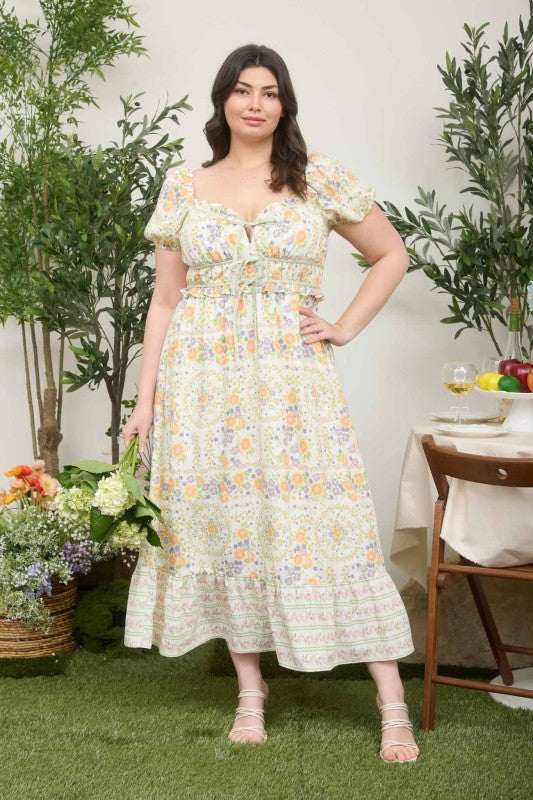 Floral Sweetheart Front Tie Puff Sleeve Midi Dress