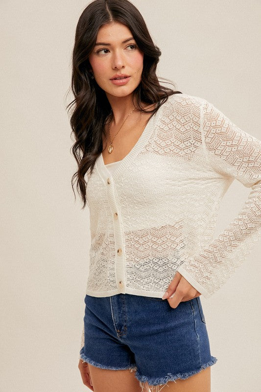 Pointelle Knit V-neck Cardigan