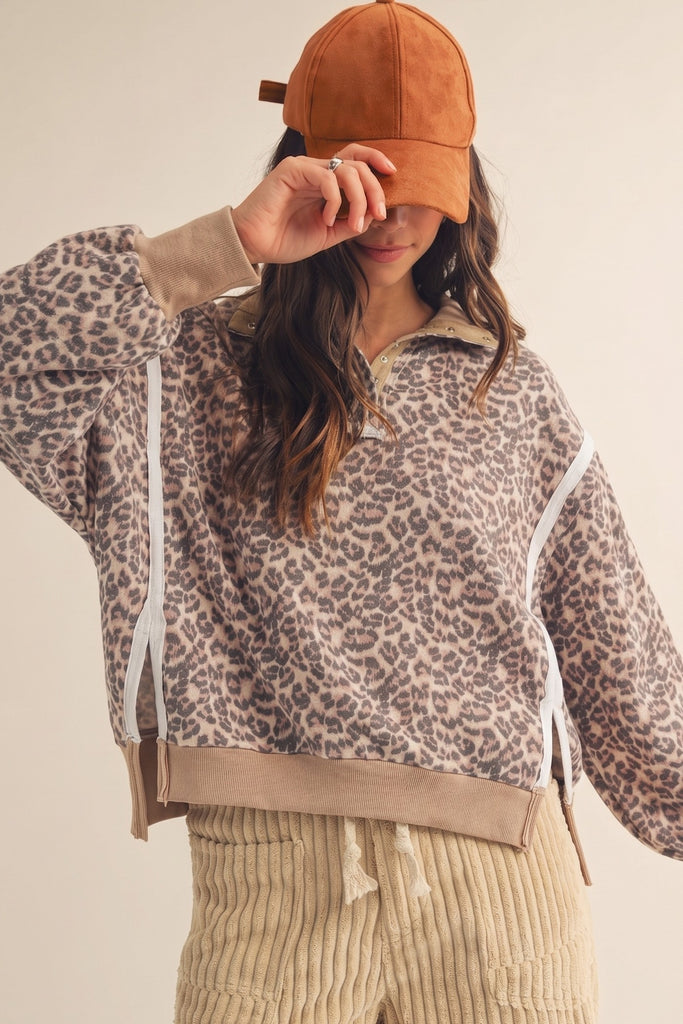 Leopard Untamed Signature Button Collar Pullover