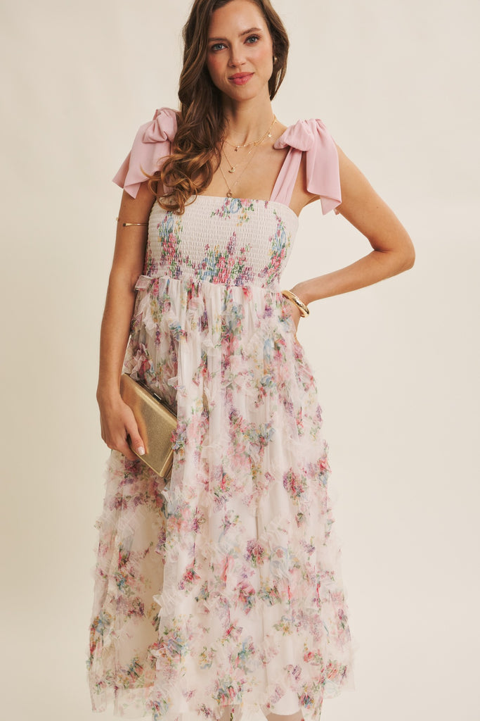 Textured Floral Smocked Midi Dress Tie Straps