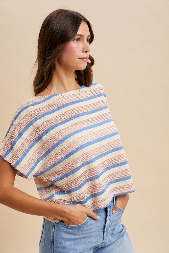 Tweed Texture Striped Crop Knit Top