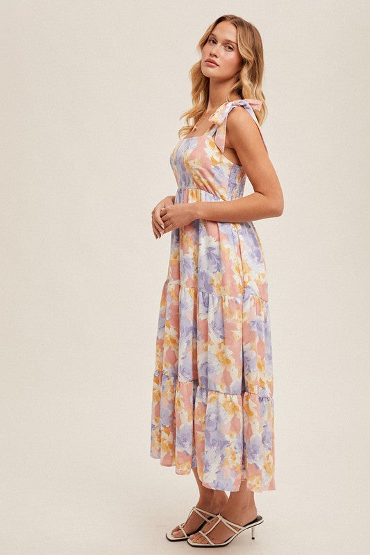 Tie Strap Tiered Midi Floral Dress