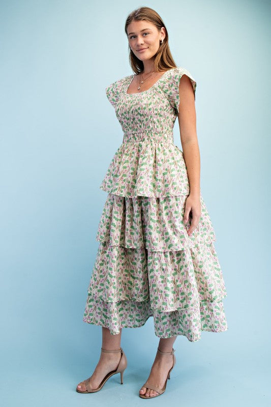 Floral Tiered Elastic Waist Midi Dress