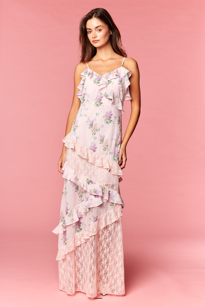 Floral Lace Ruffle Maxi Dress