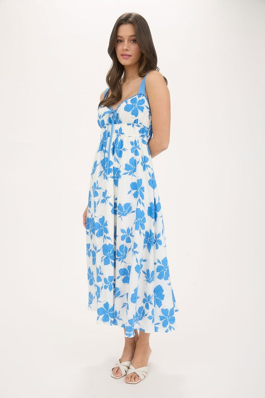Floral Sweetheart Front Tie With Cutout Midi Dress