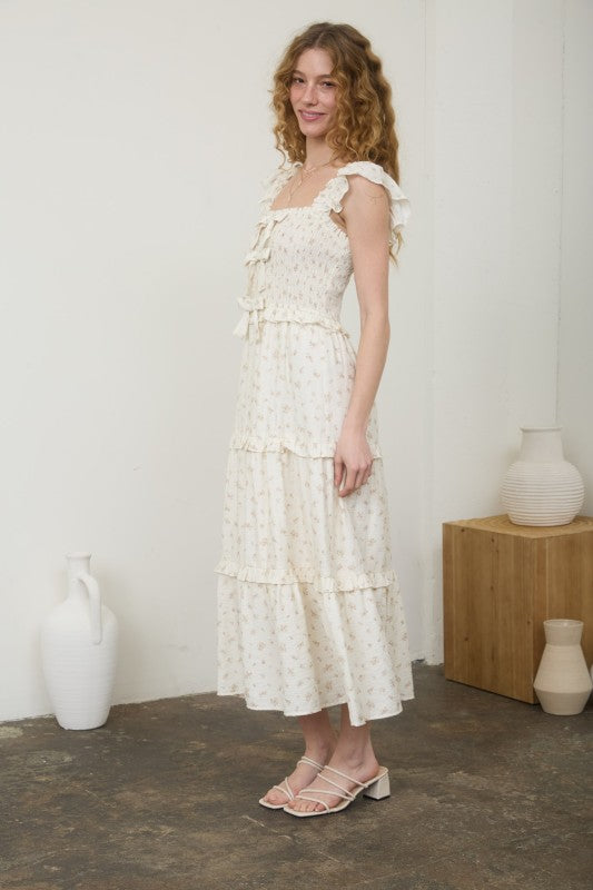 Ditsy Floral Front Bow Smocked Tiered Midi Dress