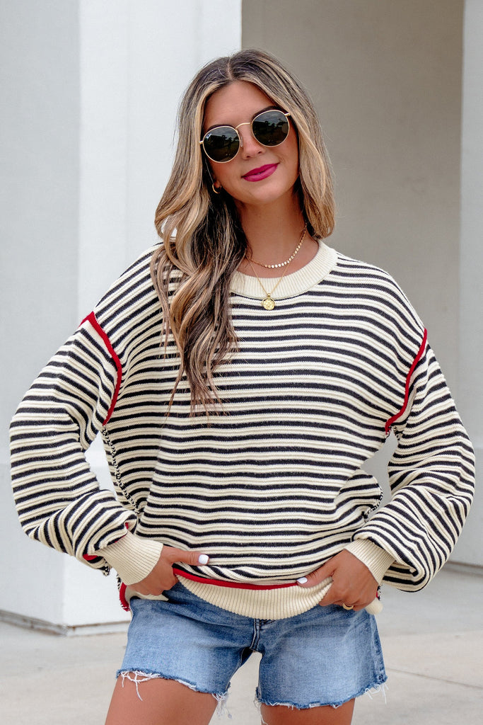 Stripe Ribbed Trim Drop Shoulder Oversized Sweater