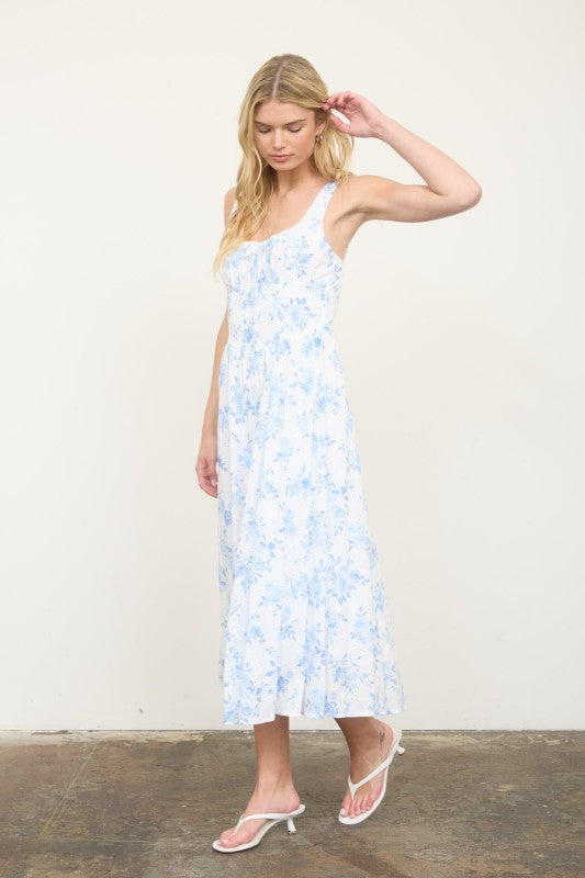 Floral Pattern Front Tie Corset Midi Dress