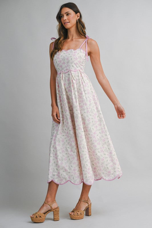 Floral Print Scallop Hem Contrast Self Tie Strap Midi Dress