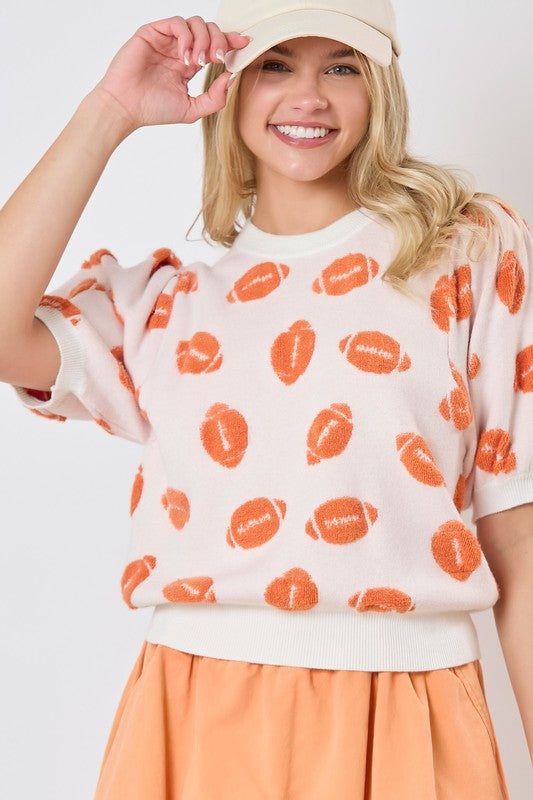 Football Embroidery Puff Sleeve Viscose Sweater