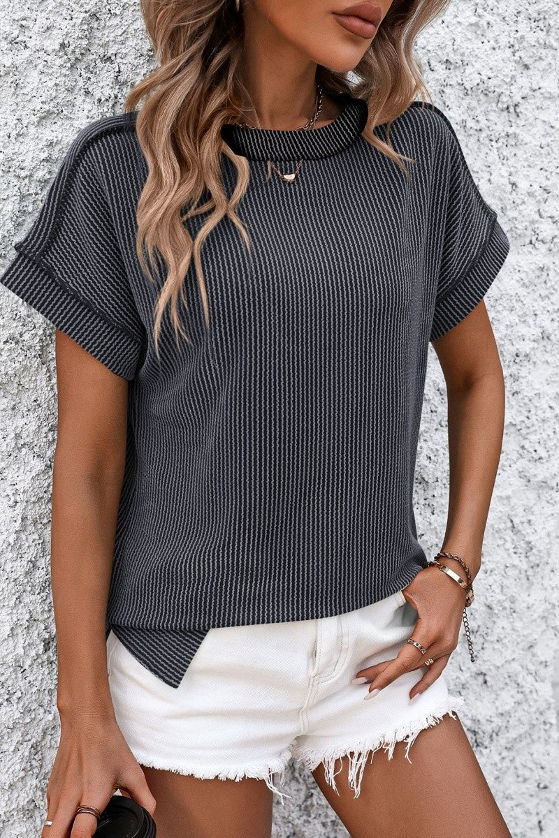 Ribbed Knit Top Relaxed Fit Short Sleeve Pocket Detail