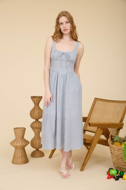 Stripe Sleeveless Corset Detail Midi Dress