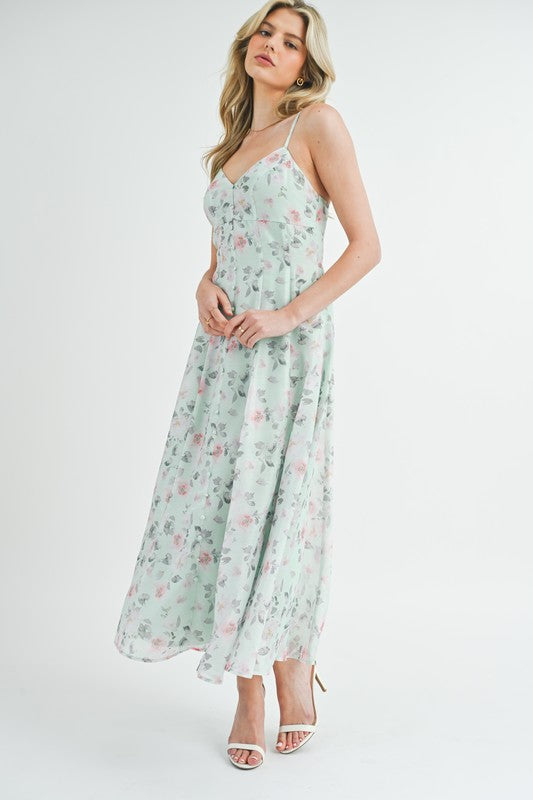 FLORAL PRINT BUTTON FRONT FLARE MIDI DRESS