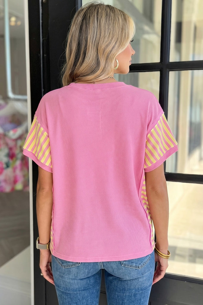 Waffle Textured Contrast Striped Patchwork Loose T Shirt