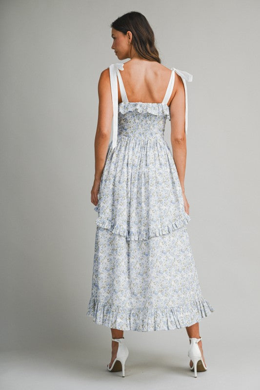 Floral Printed Contrast Shoulder Strap Midi Dress