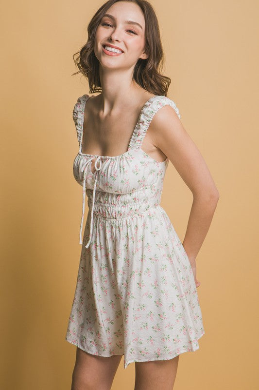 Floral Print Elastic Waist N Back Mini Dress
